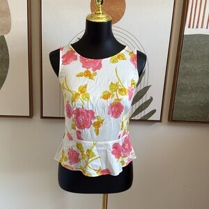 Ann Taylor Floral White Pink Yellow Sleeveless Peplum Top